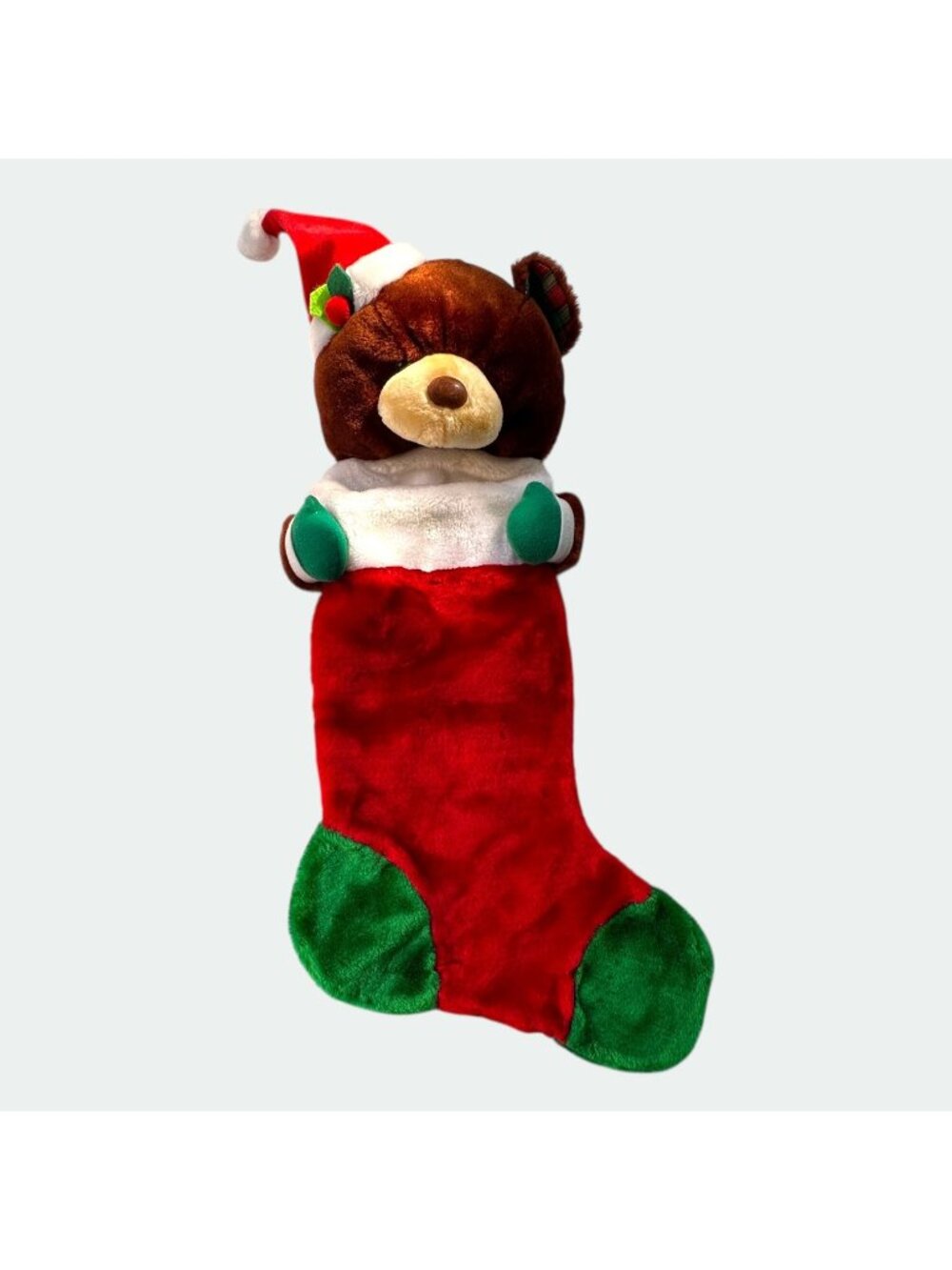 Plush Teddy Bear Christmas Stocking With Santa Hat - 24" Red & Green Holiday Dec